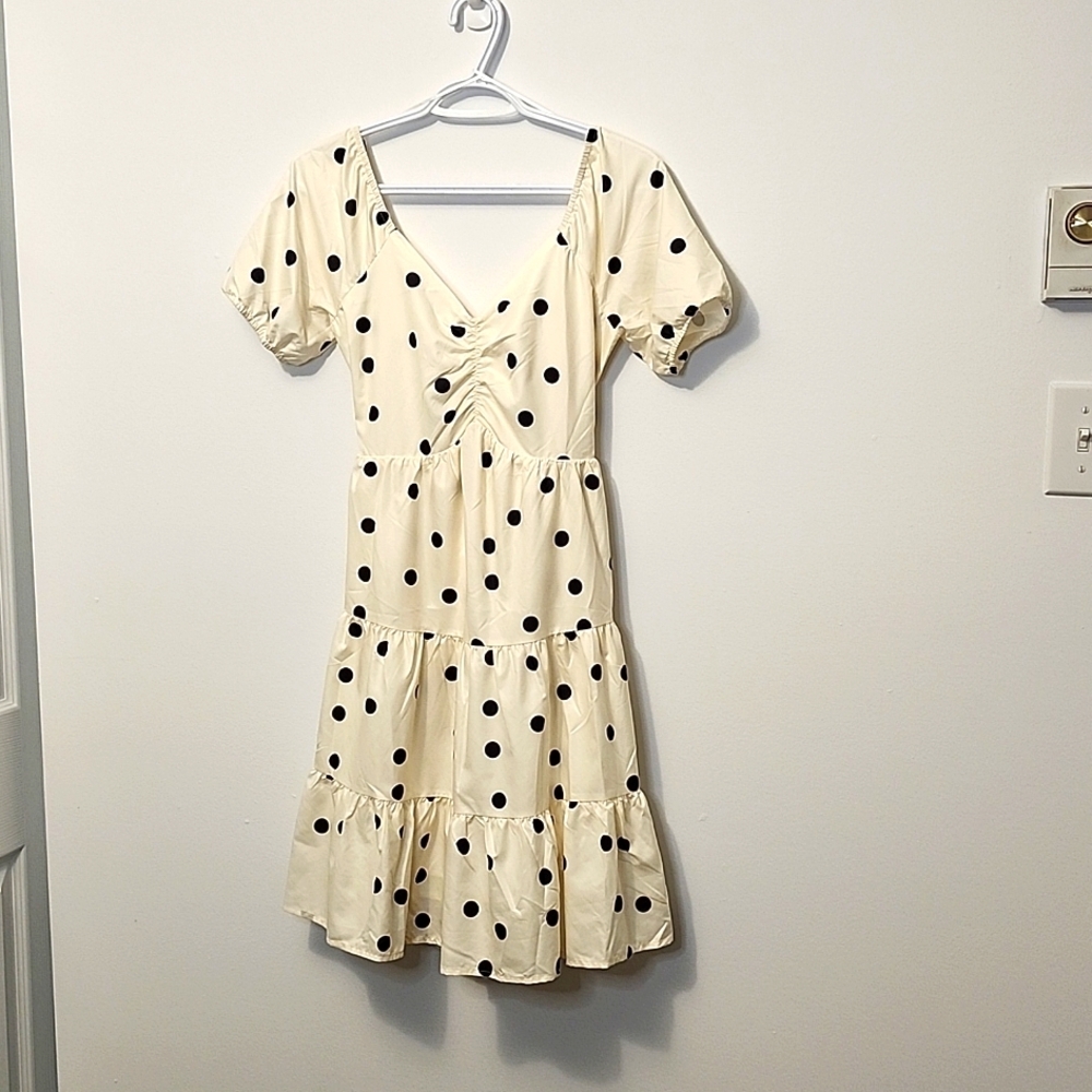 NWTs Morrisday the label polka dot cream tiered puff sleeve cutout S dress
